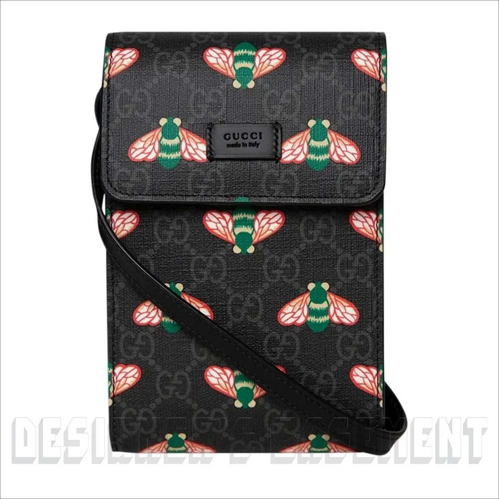 GUCCI black leather BESTIARY Bee GG Supreme black Canvas Cross Body PHONE bag 🎁